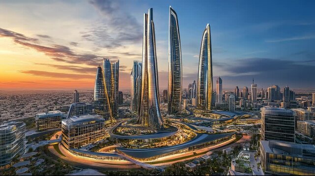 Futuristic Cityscape with Tall Skyscrapers at Sunset, Modern Architecture, Urban Skyline