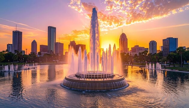 Stunning Sunset Over Lake Eola Park Fountain and Orlando Skyline.