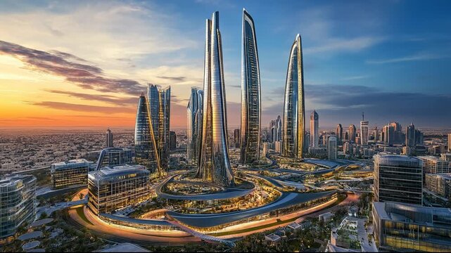 Futuristic Cityscape with Tall Skyscrapers at Sunset