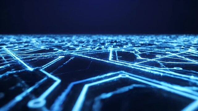 Abstract luminous blue digital circuitry against dark background