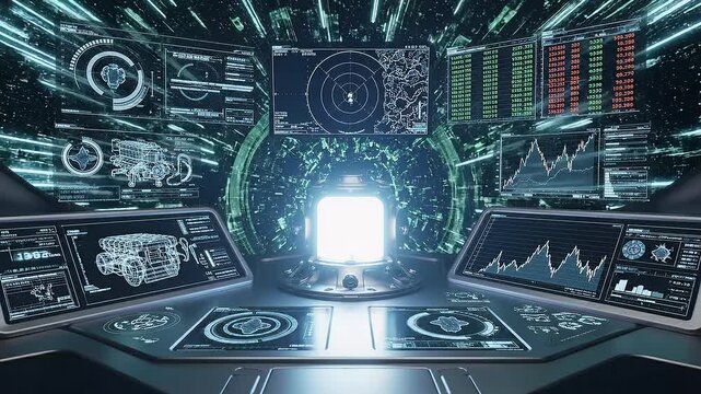 Futuristic control room with glowing energy core and data screens