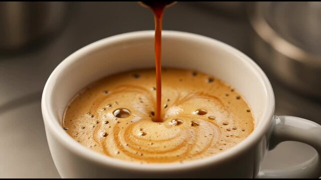Aromatic espresso being poured into a white cup creating foam and crema