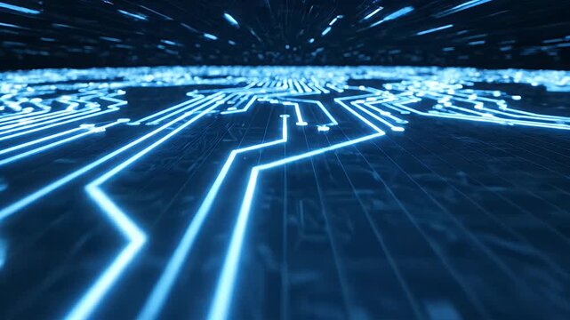 Abstract glowing blue circuitry lines on a dark background, creating a sense of depth