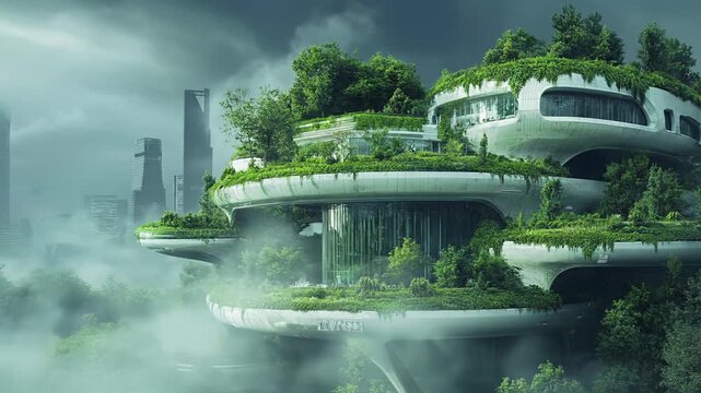 Futuristic Eco Cityscape with Green Architecture and Fog
