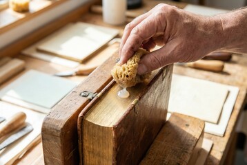 Naklejka premium Bookbinder using a sponge to apply natural glue onto the gold spine of an old book