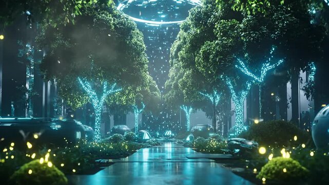 Futuristic Forest Scene with Glowing Trees and Sci-Fi Elements