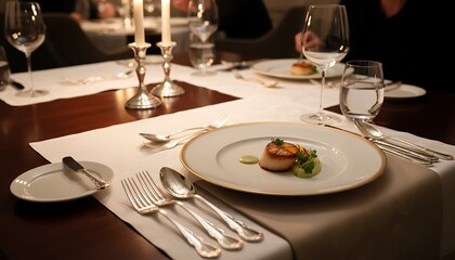 Fototapeta premium Elegant Dinner Table Setup with Seared Scallop Plate in a Fine Dining Restaurant