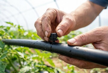 Close up of farmer hands installing drip irrigation system on a pipe in a greenhouse