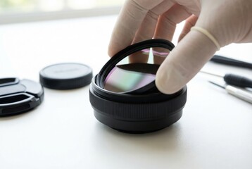 Technician in gloves attaching a circular polarizing filter to a camera lens