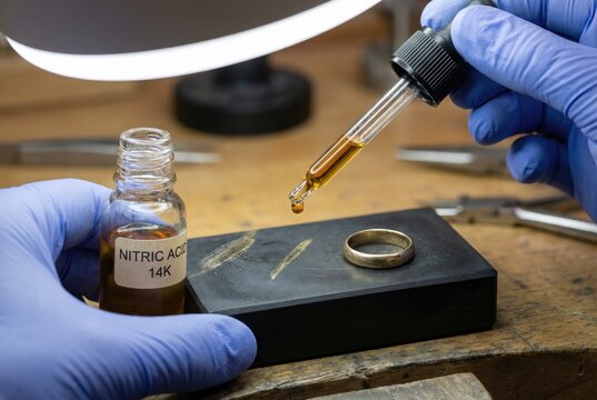 Jeweler wearing blue gloves using a dropper to apply nitric acid onto a touchstone to test a gold ring