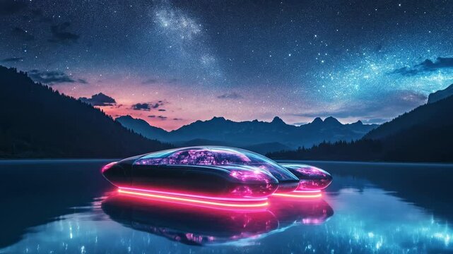Futuristic Hovercraft Glides on Water Under Starry Night Sky