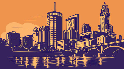 Fototapeta premium Downtown Cityscape Skyline Silhouette Over Water at Sunset with Historic Architecture and Modern Towers seoul skyline vector