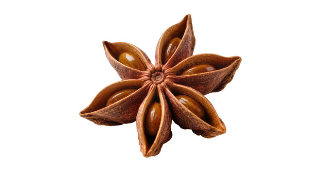 Aromatic star anise spice pod with glossy brown seeds, perfectly isolated PNG for culinary and baking ingredient designs