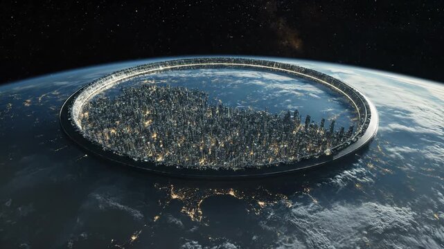 Futuristic Ring City Orbiting Earth, Sci-Fi Metropolis in Space, Global Civilization