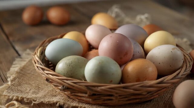 素朴な木の卓上に色とりどりの染色卵を盛った柳かごの静物、人物なし