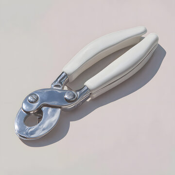 Nail Clippers for Pet Grooming: A close-up shot of specialized nail clippers designed for pets, featuring sharp metallic blades and comfortable white handles, lying on a neutral surface.
