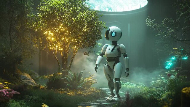 Futuristic robot walking through a lush, glowing garden with fairy lights.