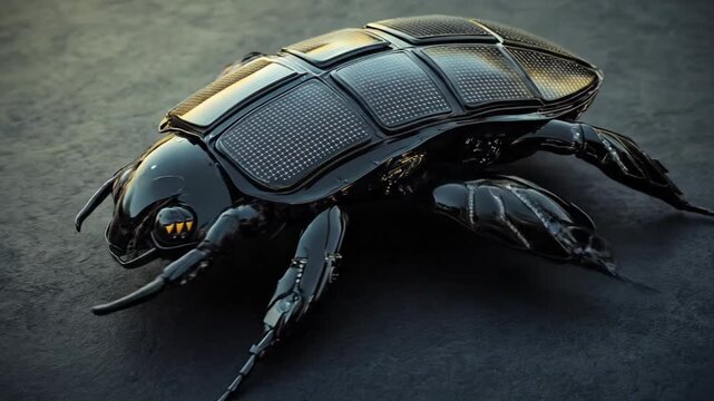 Futuristic Robotic Insect with Solar Panels and Glowing Eyes