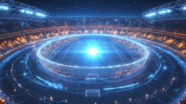 Futuristic Soccer Stadium with Glowing Blue Energy Rings and Spectators at Night