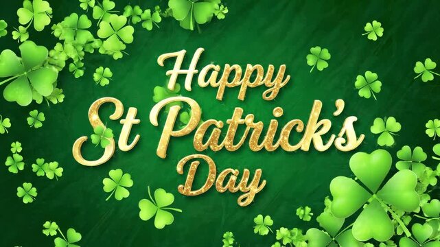 Happy St Patrick's Day text animation. With clover leaves dark green background