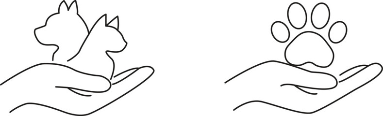 Hands cradling a dog s head and a paw in a simple line drawing © KarimaAkter