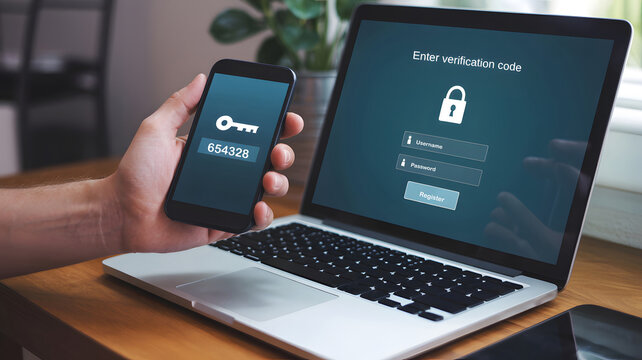 Close-up of a person's hand holding a black smartphone displaying a key icon and a 6-digit verification code, next to a silver laptop with a secure login screen and a padlock icon