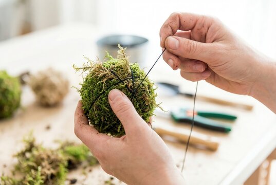 Florist hands wrapping black string tightly around a green moss ball to create a traditional kokedama