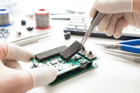 Modder using tweezers to place acoustic foam strips onto a mechanical keyboard printed circuit board