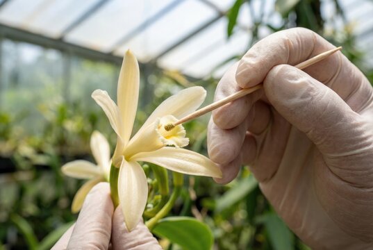 Farmer wearing gloves carefully hand pollinating a pale yellow vanilla orchid flower with a wooden stick