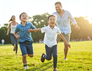 Obraz premium Happy Family Running and Playing Together in a Sunny Park.