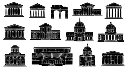 Fototapeta premium Classical architecture building silhouettes vector ancient historic structures set
