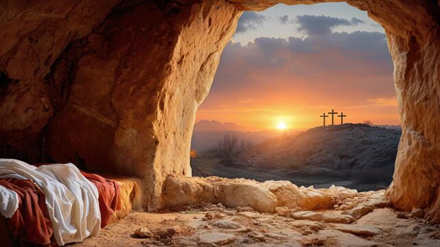 Easter morning dawns over the empty tomb symbolizing the resurrection of Jesus Christ. Morning light breaks over the desert as the sun rises.