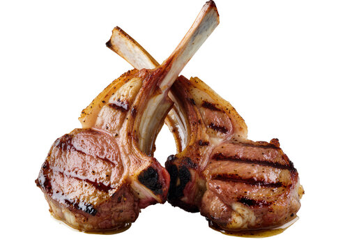 Two perfectly grilled lamb chops with savory char marks and tender meat, isolated on transparent background for gourmet food designs PNG