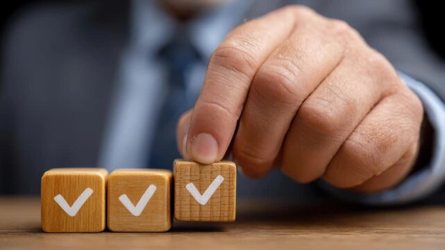 Checkbox Completion: A hand meticulously places a checkmark on a wooden cube, symbolizing task completion and approval, representing the final stage of a process. 