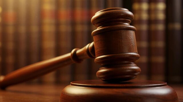 Symbol of Justice: A close-up shot captures the wooden gavel resting on its block, positioned prominently against a backdrop of law books, symbolizing legal proceedings, fairness, and judgment.