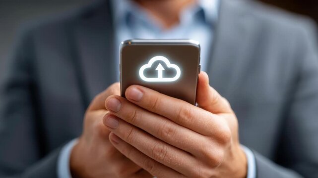 Cloud Sync: A professional individual holds a smartphone showcasing a glowing cloud icon, symbolizing digital connectivity and data transfer. Capturing seamless digital interaction.