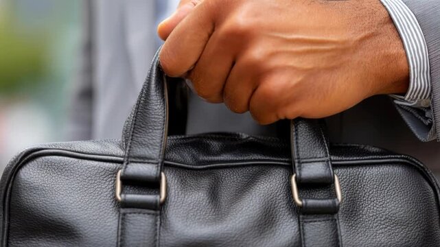 Hand and Briefcase: A focused business professional firmly grasps the handle of a sleek, leather briefcase, symbolizing readiness and ambition in the bustling city.
