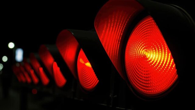 Red Signals: A row of glowing traffic signals displaying a sea of red against the darkness, symbolizing stop and caution in the urban landscape.