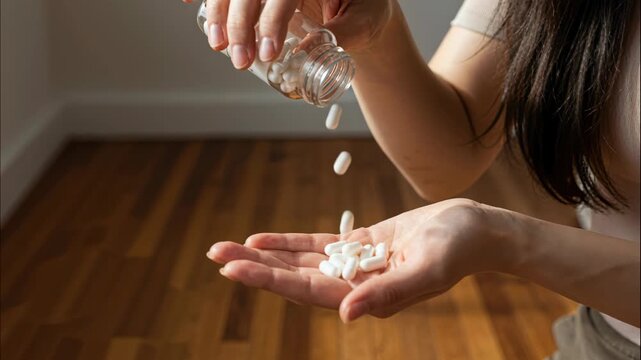 Pills into Palm: A close-up shot of a person pouring medication tablets into their open hand, capturing the act of healthcare and medicine.
