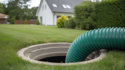 Green corrugated drainage pipe emerging from a manhole in a lush residential lawn. Modern home water management.