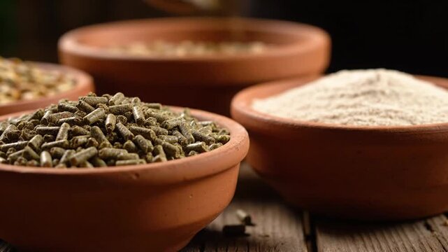 Animal feed in bowls.