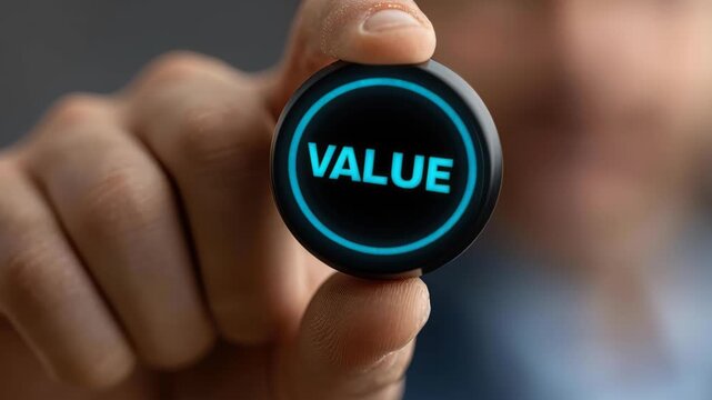 Value in Hand: A person's hand delicately holds a glowing disc inscribed with the word VALUE, symbolizing the importance of principles and beliefs.