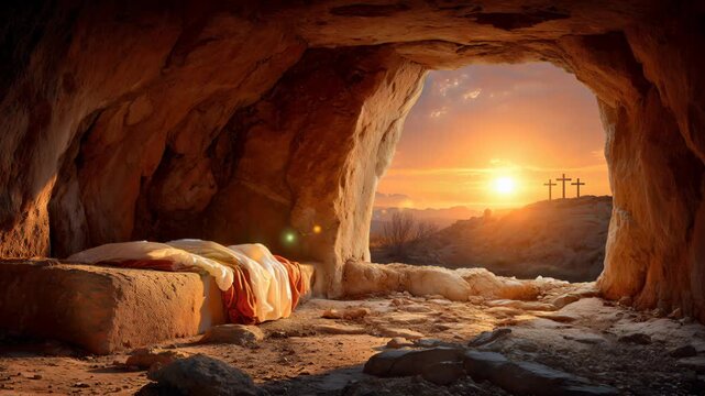Easter morning dawns over the empty tomb symbolizing the resurrection of Jesus Christ. Morning light breaks over the desert as the sun rises.