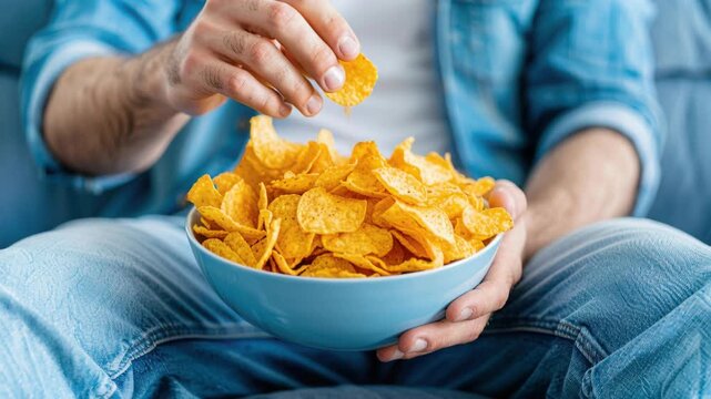 Snack Time: a man sitting enjoying his snacks chips on a comfortable sofa. with a plate of golden potato chips is a moment of pure indulgence and relaxation.