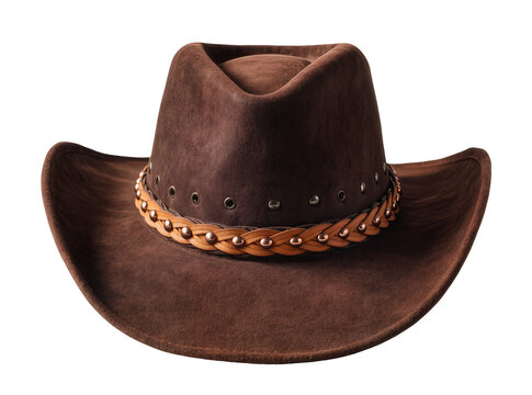 Classic brown suede cowboy hat with a decorative braided leather band and metal studs, isolated PNG on transparent background for western fashion and apparel design
