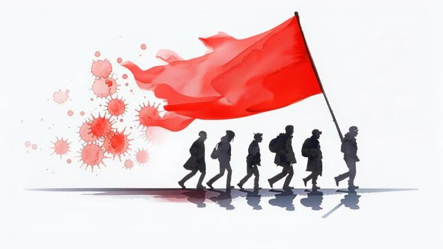 Marching Toward an End: Silhouetted figures courageously march forward behind a billowing red flag. Symbolizing determination and perseverance against unseen threats.
