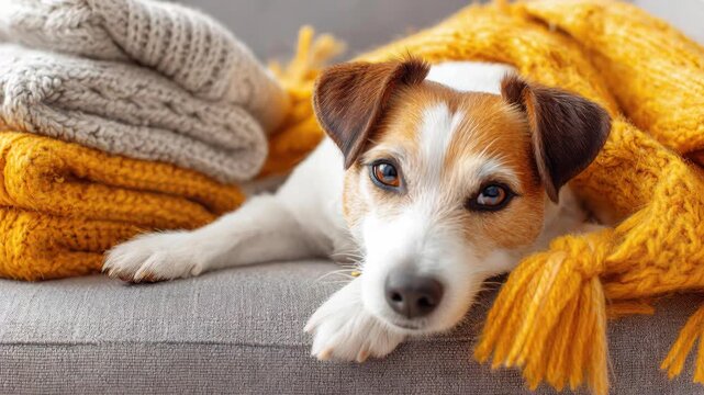 Cozy Companion: A charming pup nestled among warm blankets, embodying comfort and contentment.