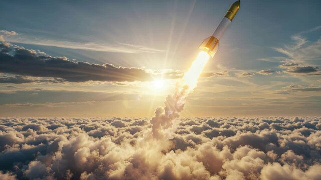 Rocket Launch into the Sky: A rocket ascends majestically, piercing through the clouds towards the sun, symbolizing innovation, progress, and the boundless potential of human endeavor. 
