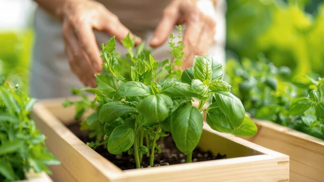 Hands Nurturing Basil: A close-up shot of hands tenderly tending to fresh basil plants growing in a wooden container, symbolizing the connection between humans and nature.