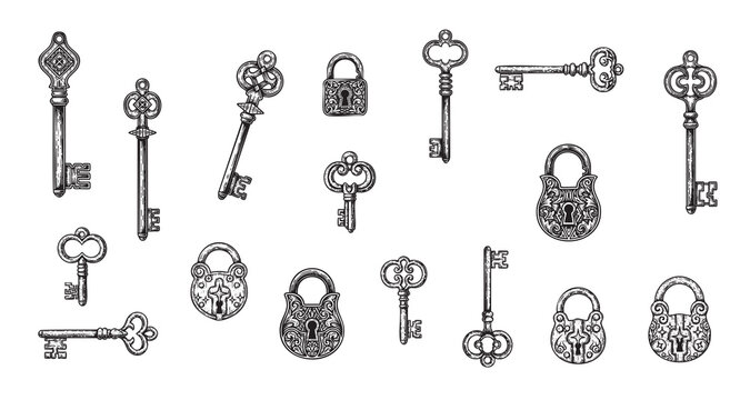 Unique antique keys and ornate padlocks line art collection, vintage security design elements for elegant invitations and creative design projects